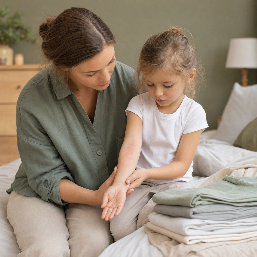 Mamma tittar till barnets känsliga hud